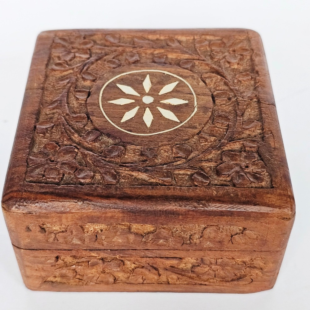 Vintage Hand Carved Wooden Trinket Box Floral Star Inlay India Keepsake Decor